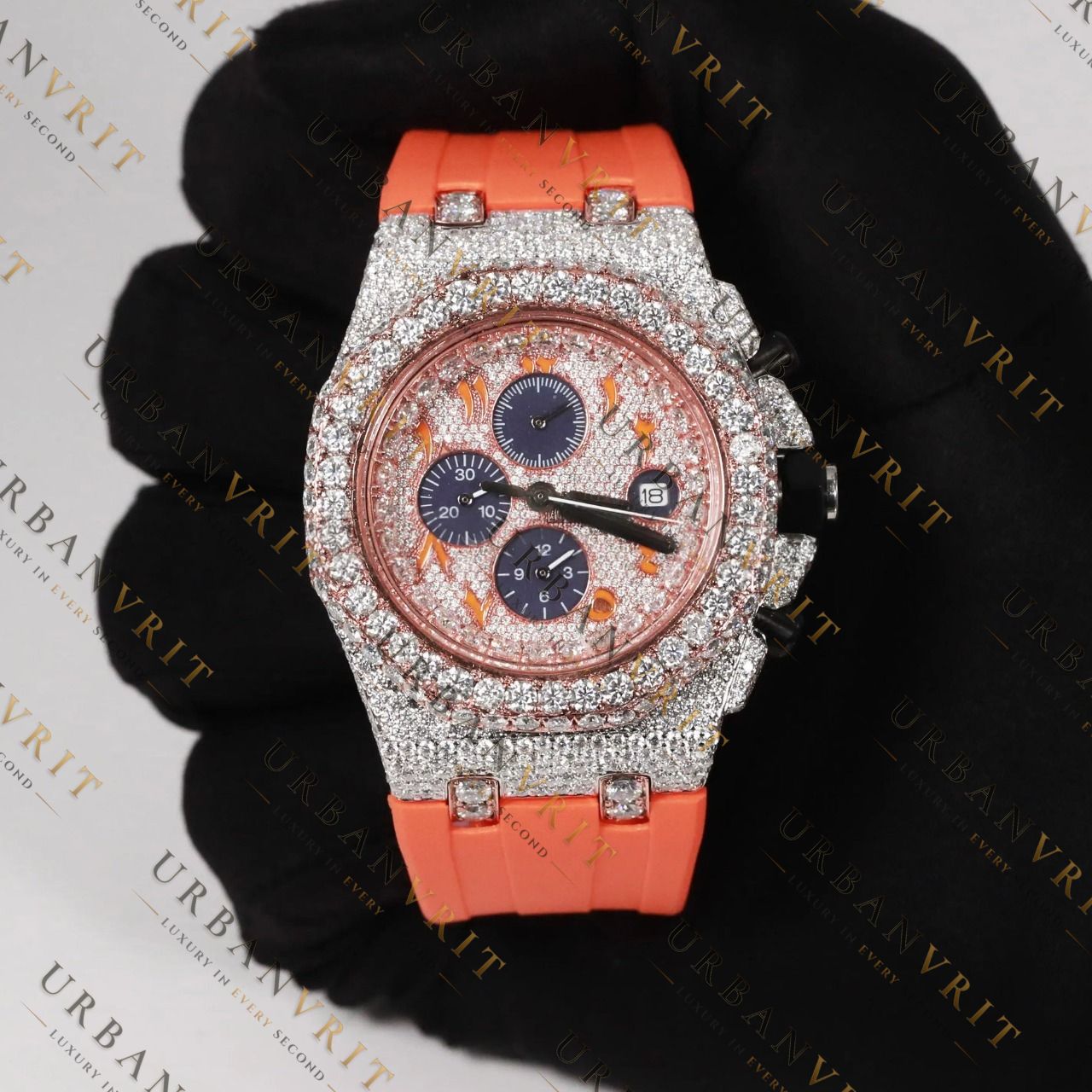 Orange Moissanite Watch VVS1 D Color Fully Iced