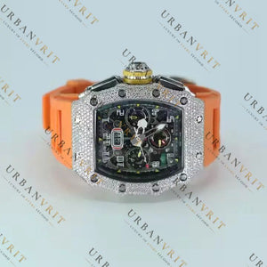 Orange Strap Moissanite Watch VVS1 D Color Fully Iced