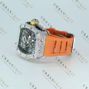 Orange Strap Moissanite Watch VVS1 D Color Fully Iced