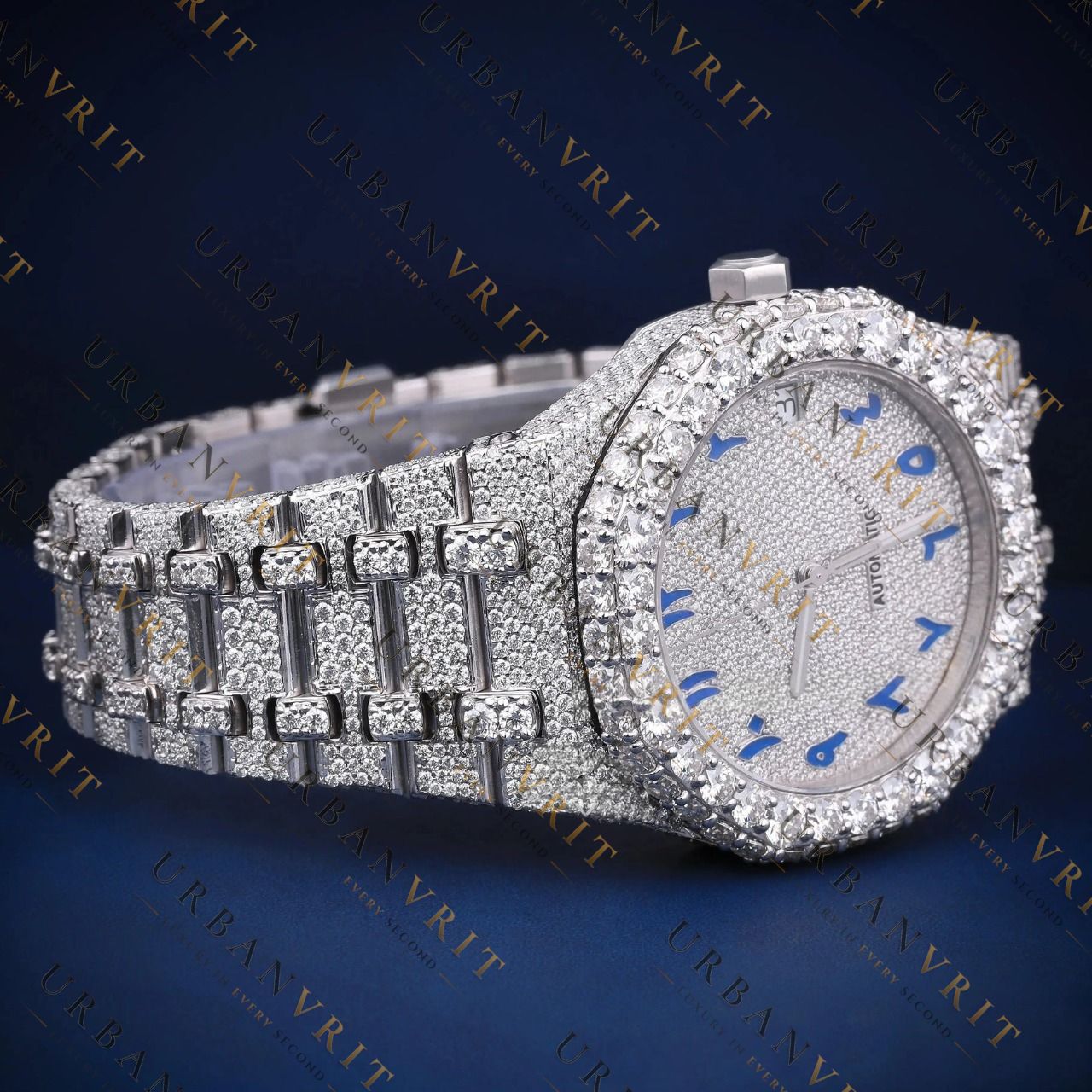 Iced-Out Blue Arabic DialVVS1 D Color Moissanite Watch