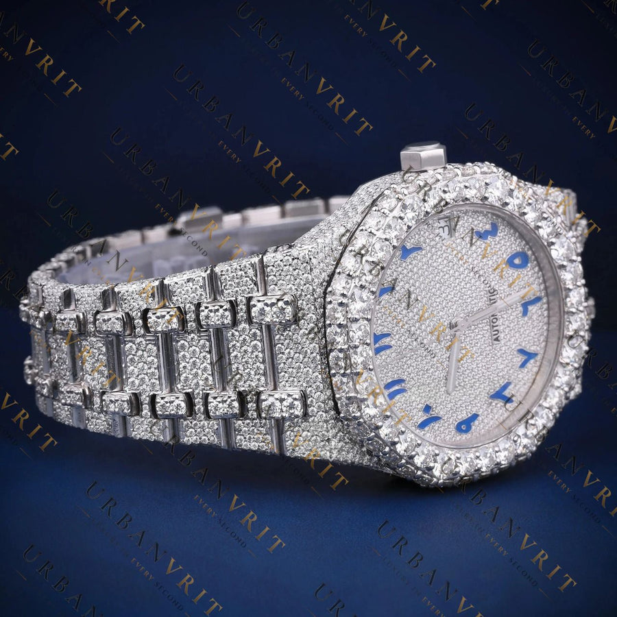 Iced-Out Blue Arabic DialVVS1 D Color Moissanite Watch